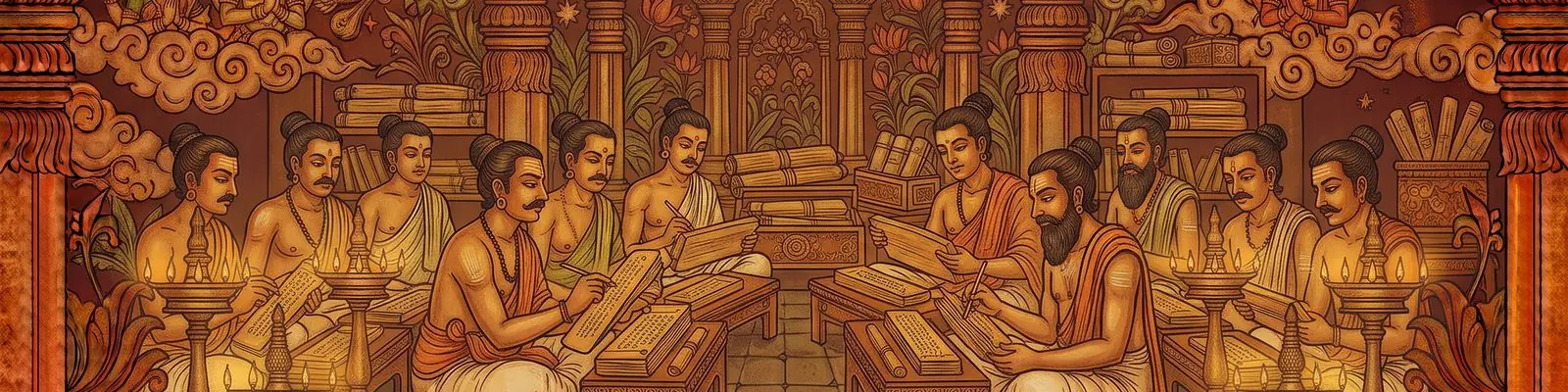 Scholars working on palm-leaf manuscripts, in Kerala mural style
