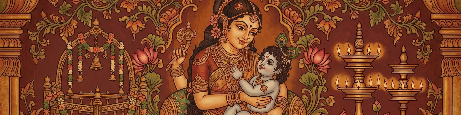 Yashoda holding baby Krishna beside a cradle and a brass lamp, in Kerala mural style
