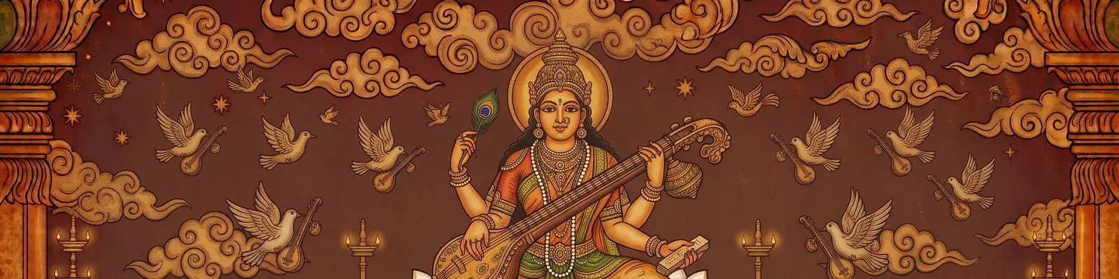 Goddess Saraswati playing the veena, in Kerala mural style