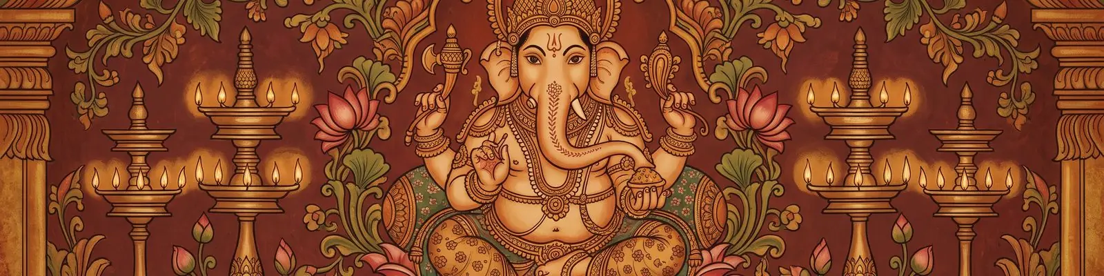 Lord Ganapathi seated on a lotus between oil lamps, in Kerala mural style