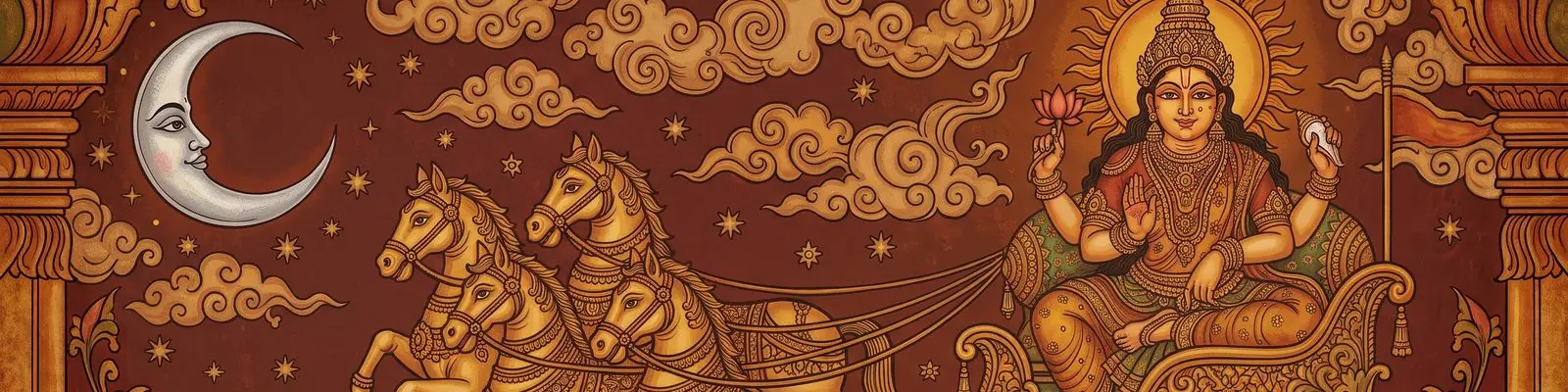 Surya riding his chariot across the sky, in Kerala mural style