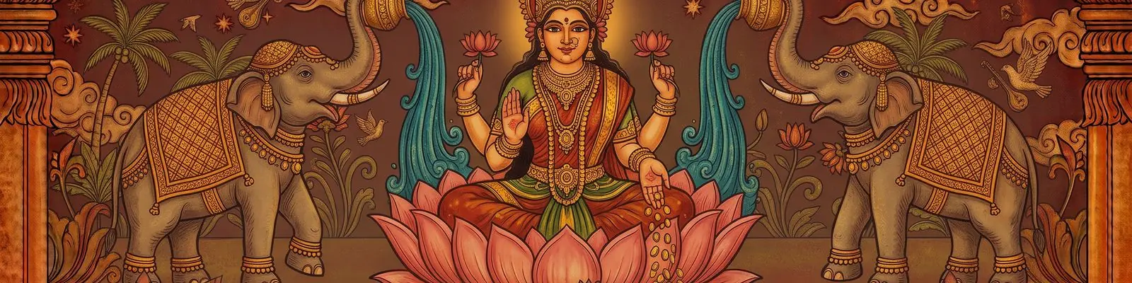 Goddess Mahalakshmi on a lotus with elephants, in Kerala mural style